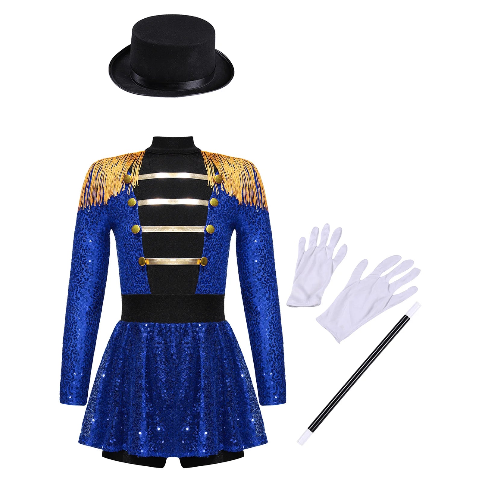 Girls Halloween Circus Ringmaster Costume Long Sleeve Sequin Leotard Dress (Age 6-14YRS) Blue A