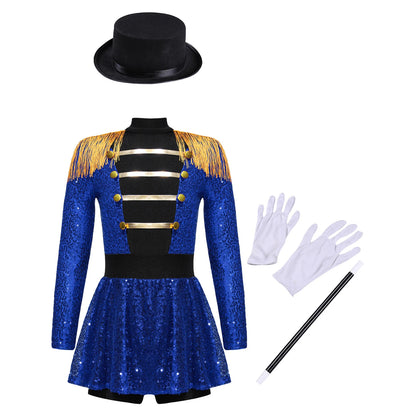 Girls Halloween Circus Ringmaster Costume Long Sleeve Sequin Leotard Dress (Age 6-14YRS) Blue A