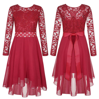 Girls Lace Chiffon Long Sleeve High-Rhinestone Sash Dress (Age 6-16 YRS) Burgundy