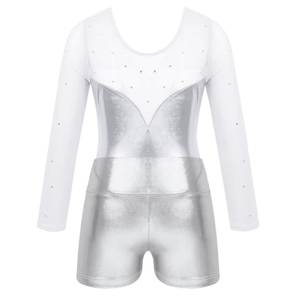 Girls Sparkly Rhinestone Ballet Dance Gymnastics Leotard & Shorts (Age 4-12 YRS)