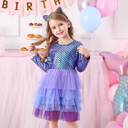 Girls Purple Mermaid Long Sleeve Layered Tutu Dress (Age 3-12YRS) Purple