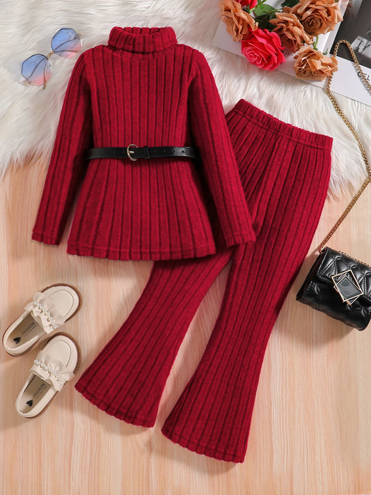 Girls Knitted Red Long-sleeved Jumper & Wide-Leg Trousers Set (Age 4-8 YRS)