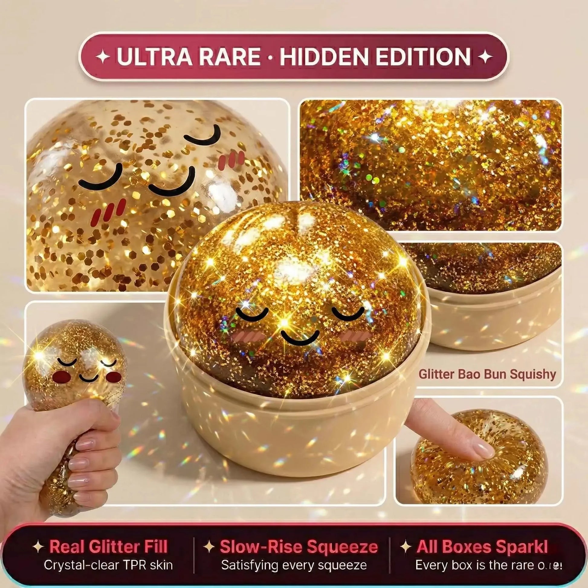 Ultra Rare Gold Glitter Dumpling Squishy – Sensory Stress Toy