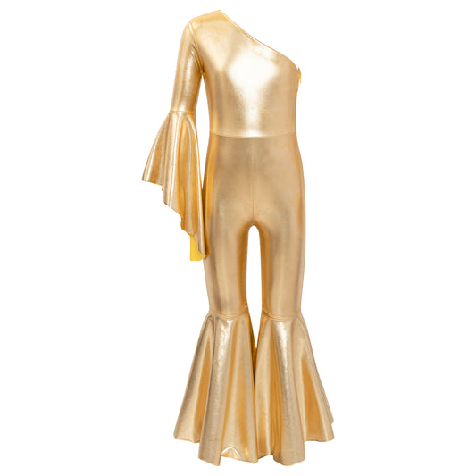 Girls Dance Metallic One Shoulder Bell-Bottom Jumpsuit (Age 6-16YRS)