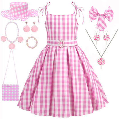 Girl Pink Barbi Plaid Dress With Accessories (Age 24M-12 YRS) Pink