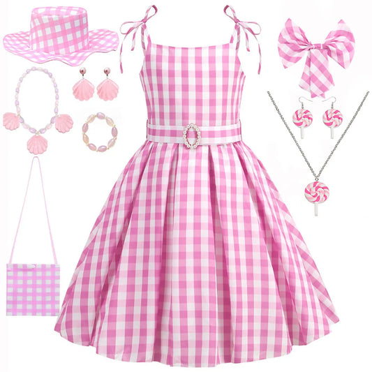 Girl Pink Barbi Plaid Dress With Accessories (Age 24M-12 YRS) Pink