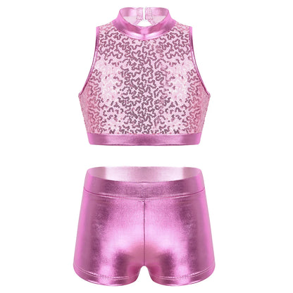 Girls Dance Costume Sequin Crop Top & Shorts Set (Age 6-12 YRS)