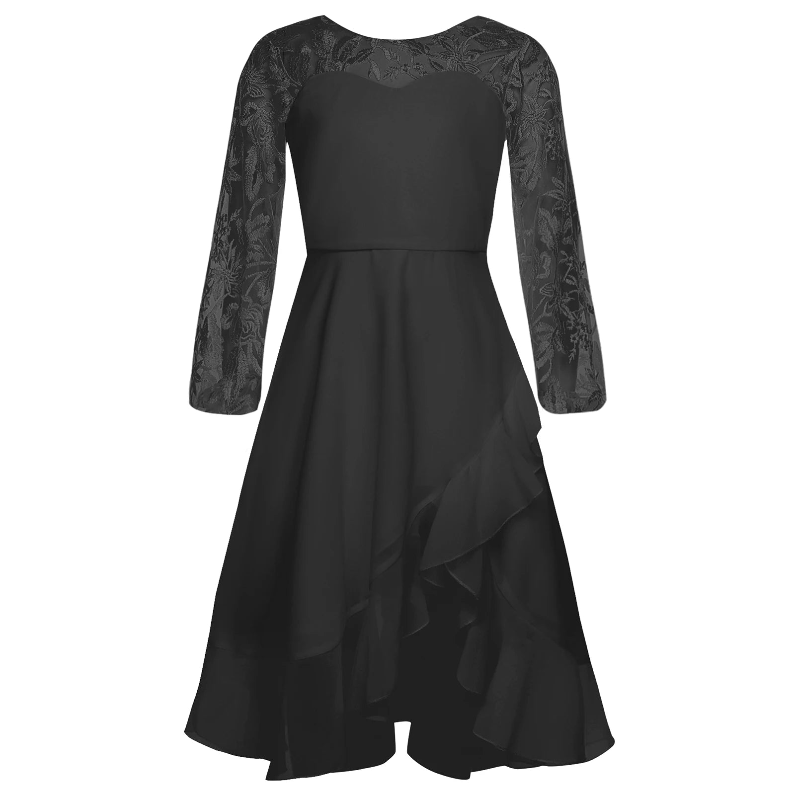 Girls Chiffon Long Sleeve High Waist Mesh Embroidery Dress (Age 8-16 YRS)