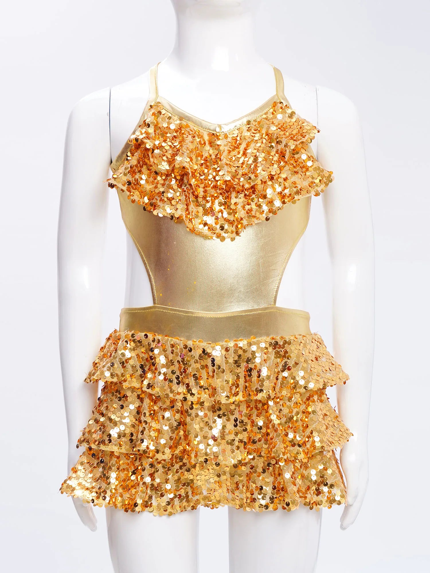 Girls Sequin Dance Sleeveless Cutout Tiered Ruffle Metallic Leotard Dress (Age 6-16 YRS)
