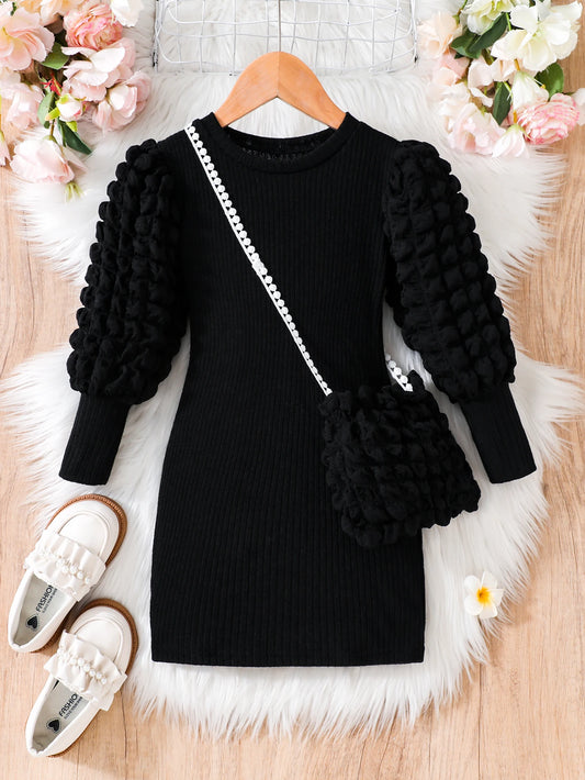 Girls' Long-Sleeve Puff Sleeve Dress & Bag Set (Age 4-7 YRS) Black