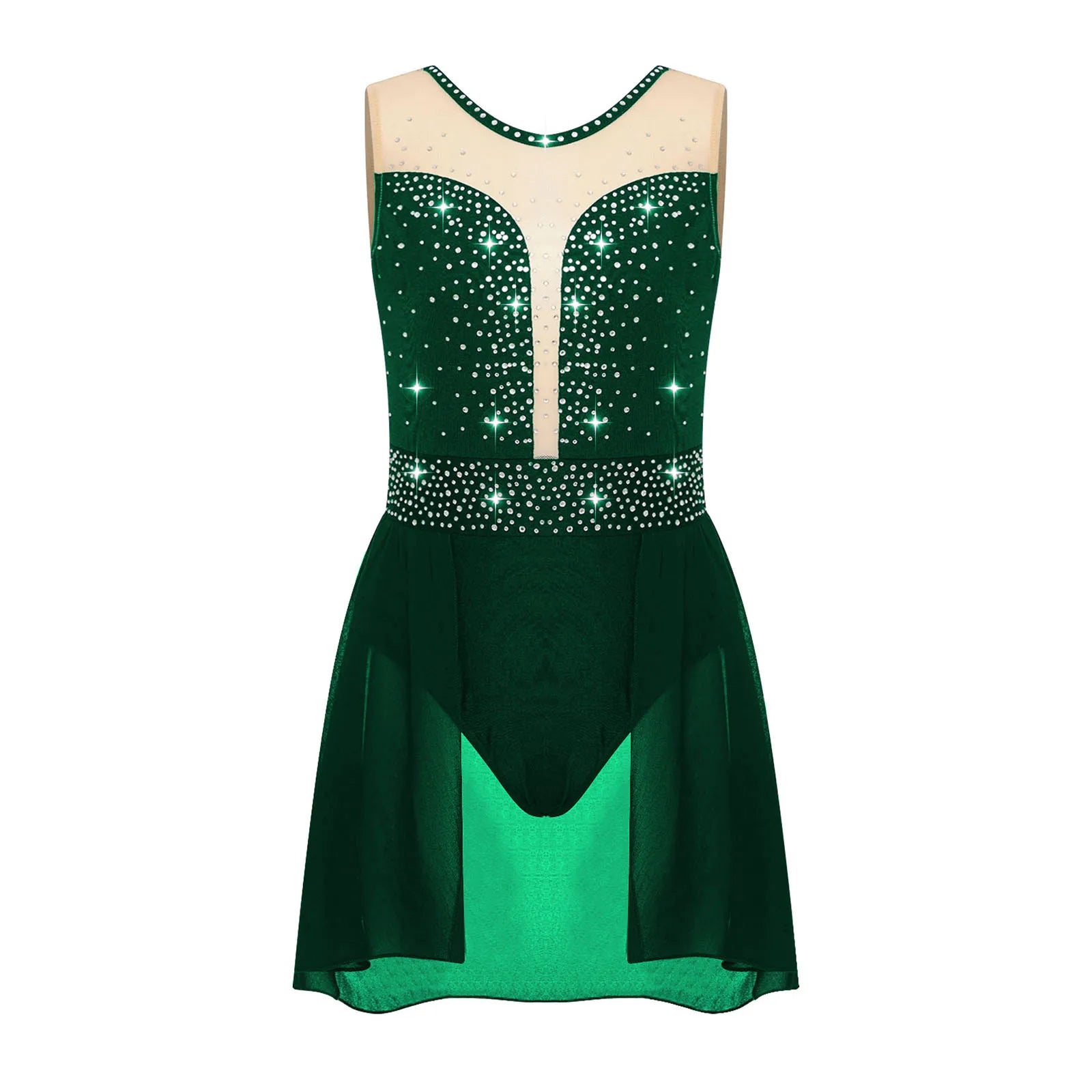 Rhinestone Gymnastics Figure Skating Dress for Teen Girls Sleeveless Sheer Mesh Tutu Ballet Leotard Lyrical Performance Costume