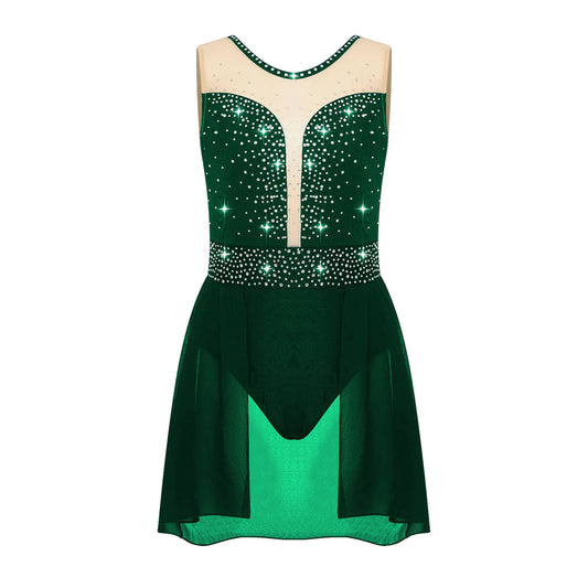 Rhinestone Gymnastics Figure Skating Dress for Teen Girls Sleeveless Sheer Mesh Tutu Ballet Leotard Lyrical Performance Costume