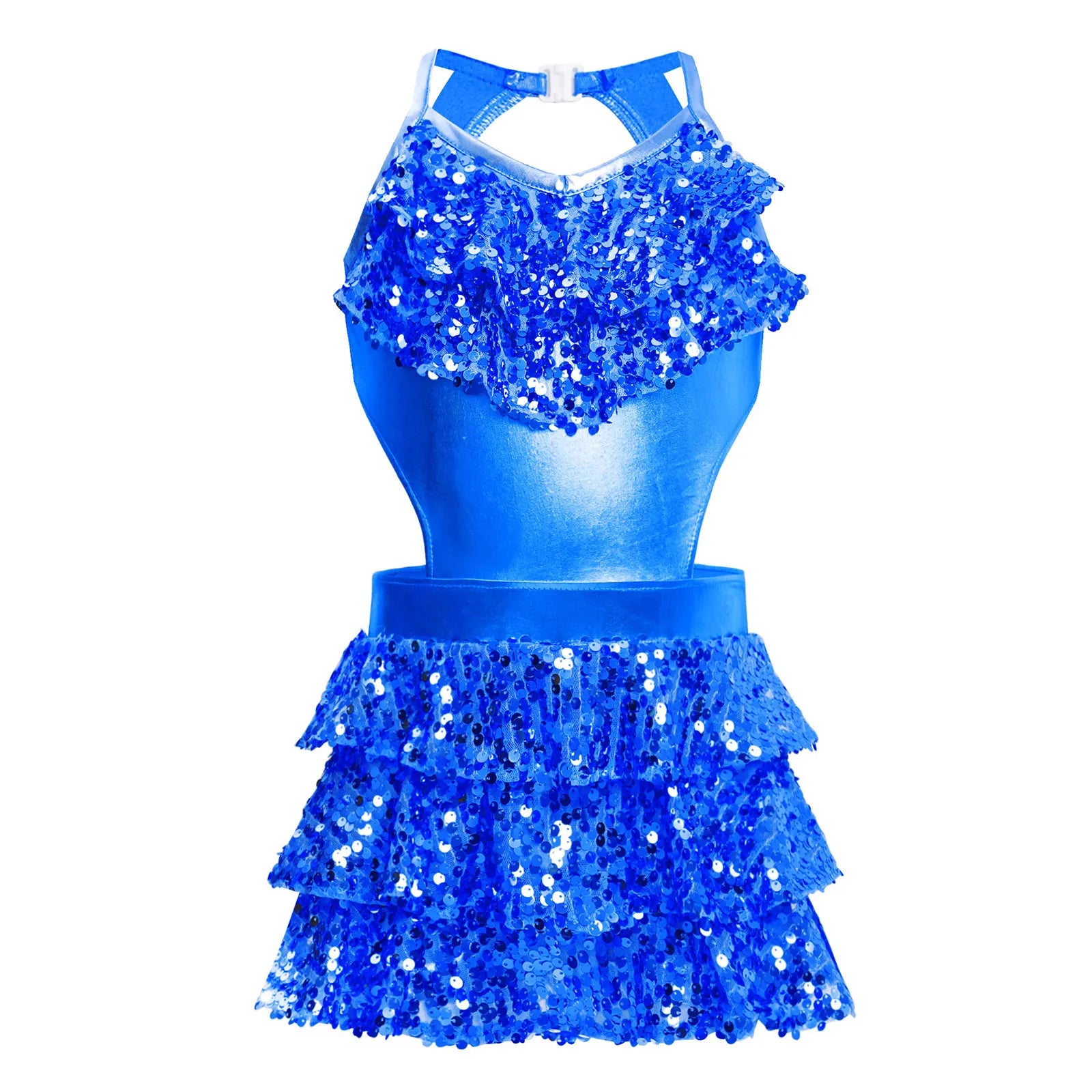 Girls Sequin Dance Sleeveless Cutout Tiered Ruffle Metallic Leotard Dress (Age 6-16 YRS)