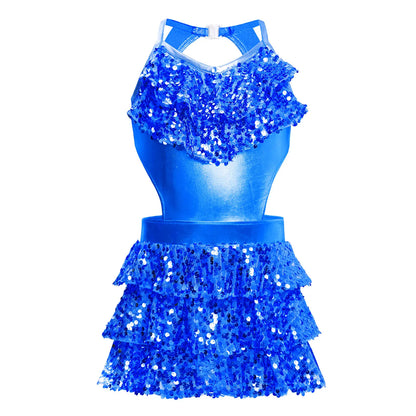Girls Sequin Dance Sleeveless Cutout Tiered Ruffle Metallic Leotard Dress (Age 6-16 YRS)