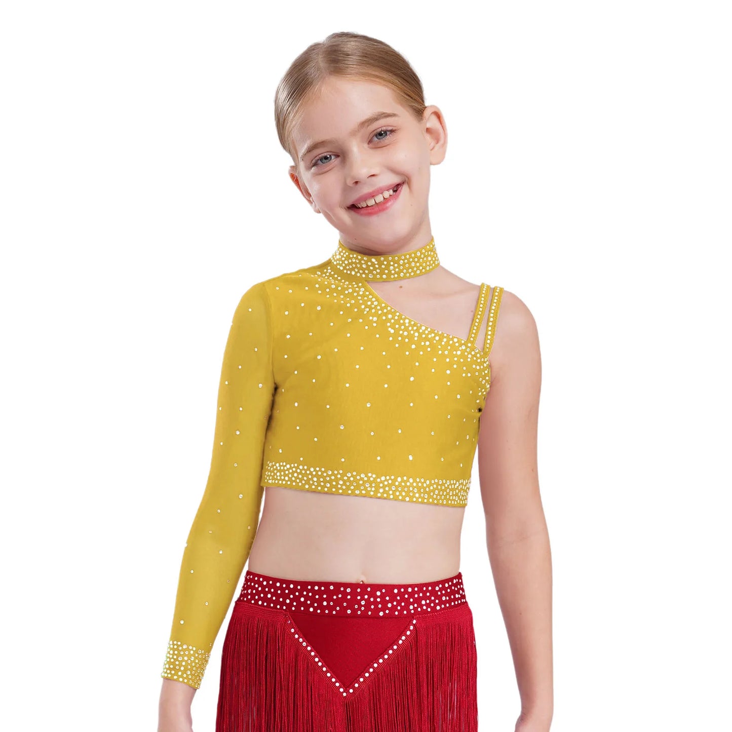 Girls Gymnastics Dance Performance Costume Rhinestone Crop Top With Feather Shorts Set (Age 6-16YRS)
