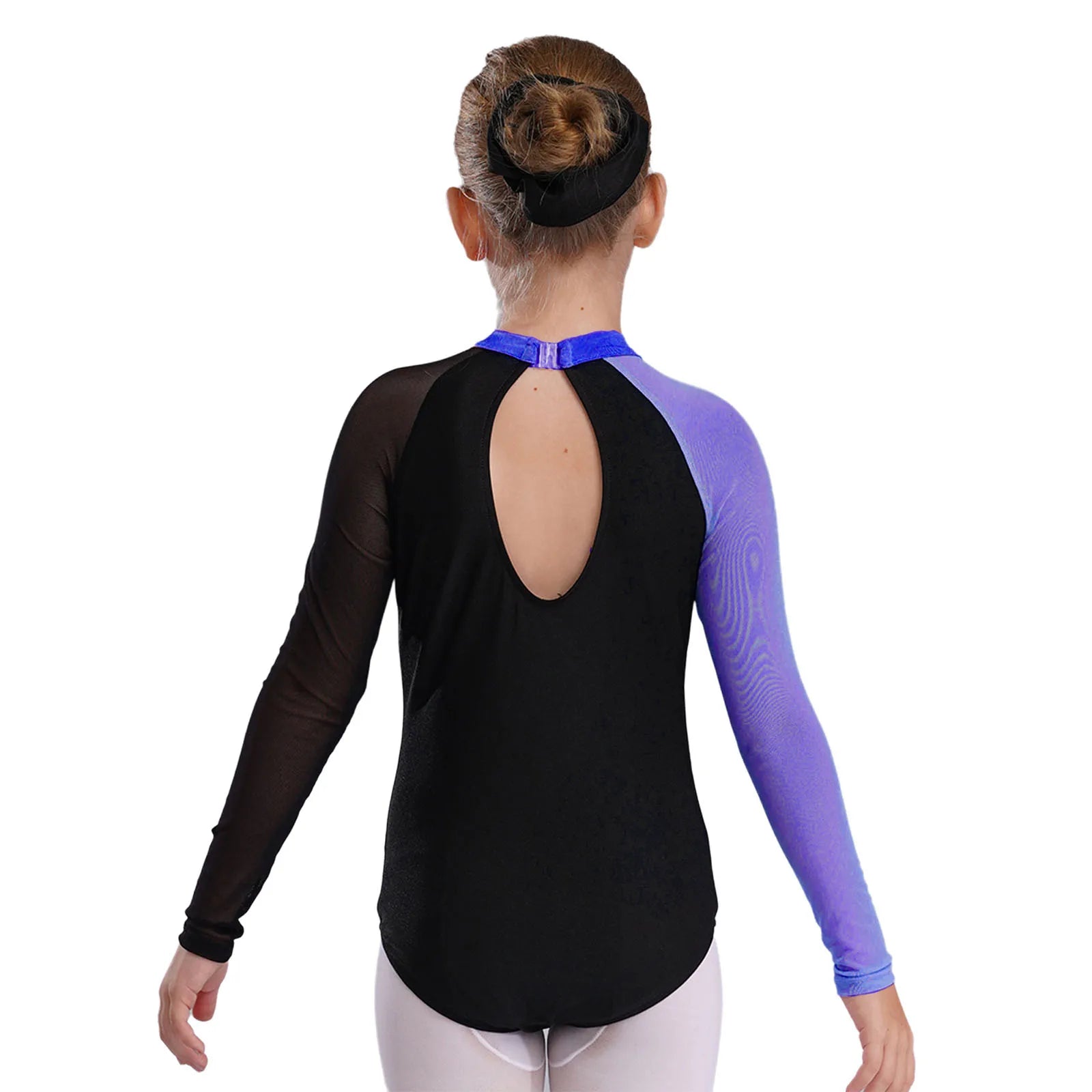 Girls Ballet Dance Leotard Gymnastics Rhinestones Sheer Mesh Long Sleeve (Age 4-16 YRS)