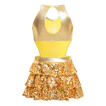 Girls Sequin Dance Sleeveless Cutout Tiered Ruffle Metallic Leotard Dress (Age 6-16 YRS)