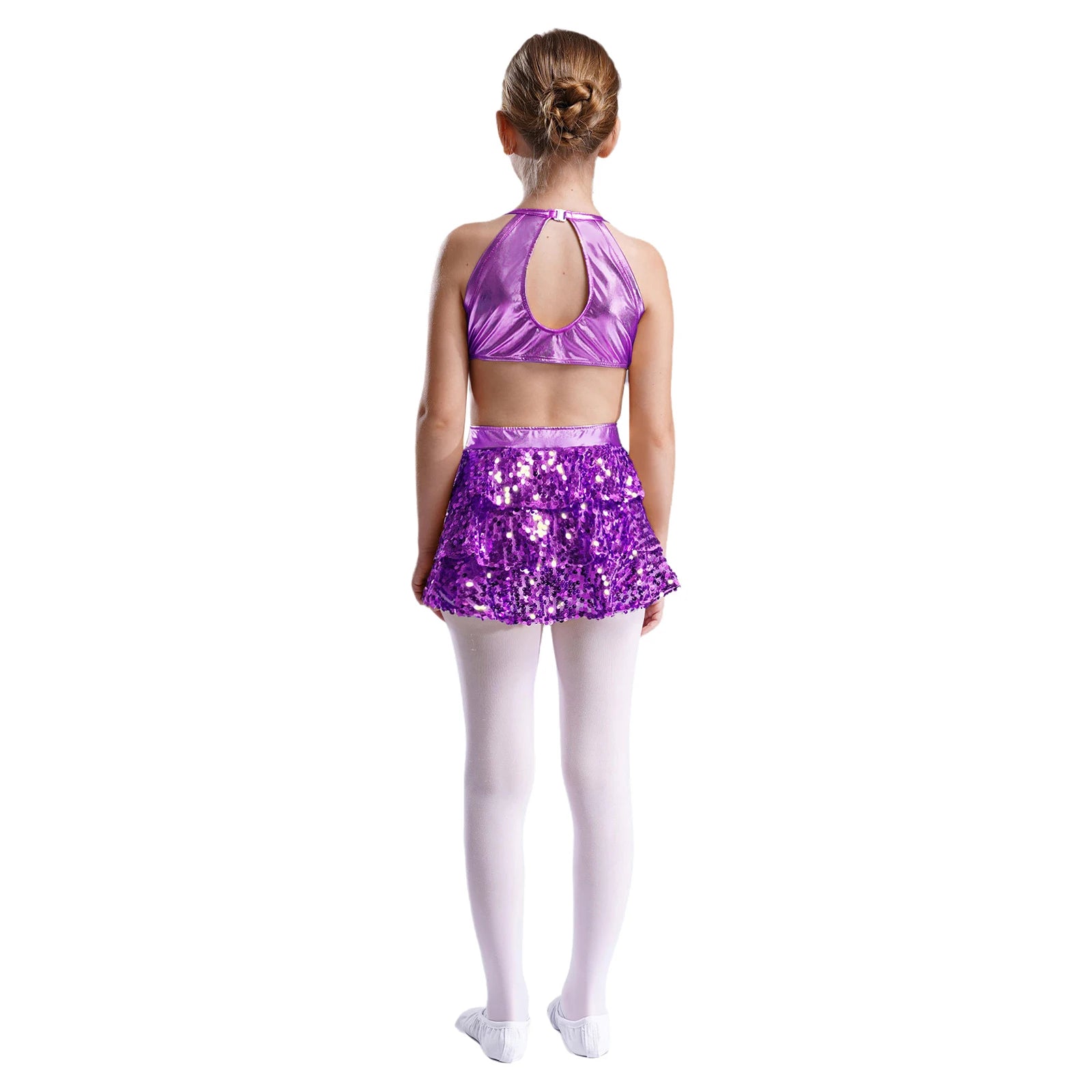 Girls Sequin Dance Sleeveless Cutout Tiered Ruffle Metallic Leotard Dress (Age 6-16 YRS)