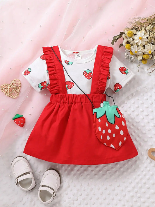 Baby Girls Strawberry Print Top & Red Cotton Dress & Bag Set (Age 6M-3YRS) Red
