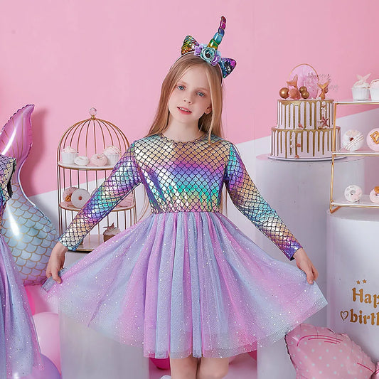 Girls Mermaid Print Long Sleeve Tulle Dress (Age 3-8YRS) Purple