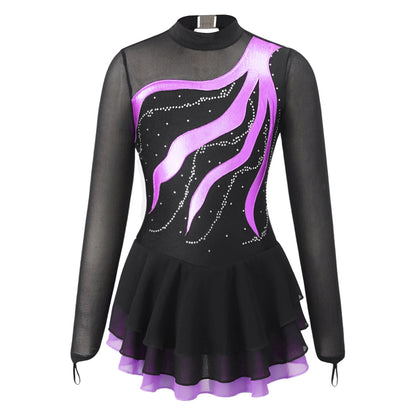Girls Rhinestone Figure Skating Leotard Dress (Age 6-16 YRS) Purple
