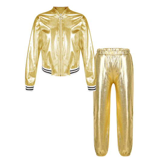 Girls Metallic Long Sleeves Bomber Jacket Coat & Pants Set (Age 6-16YRS)
