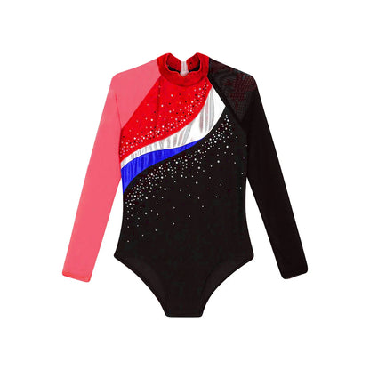 Girls Ballet Dance Leotard Gymnastics Rhinestones Sheer Mesh Long Sleeve (Age 4-16 YRS)