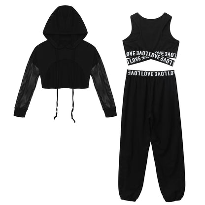 Girls Hip Hop Long Sleeve Drawstring Hooded Tops with Crop Top Pants Tracksuit (Age 6-14YRS)