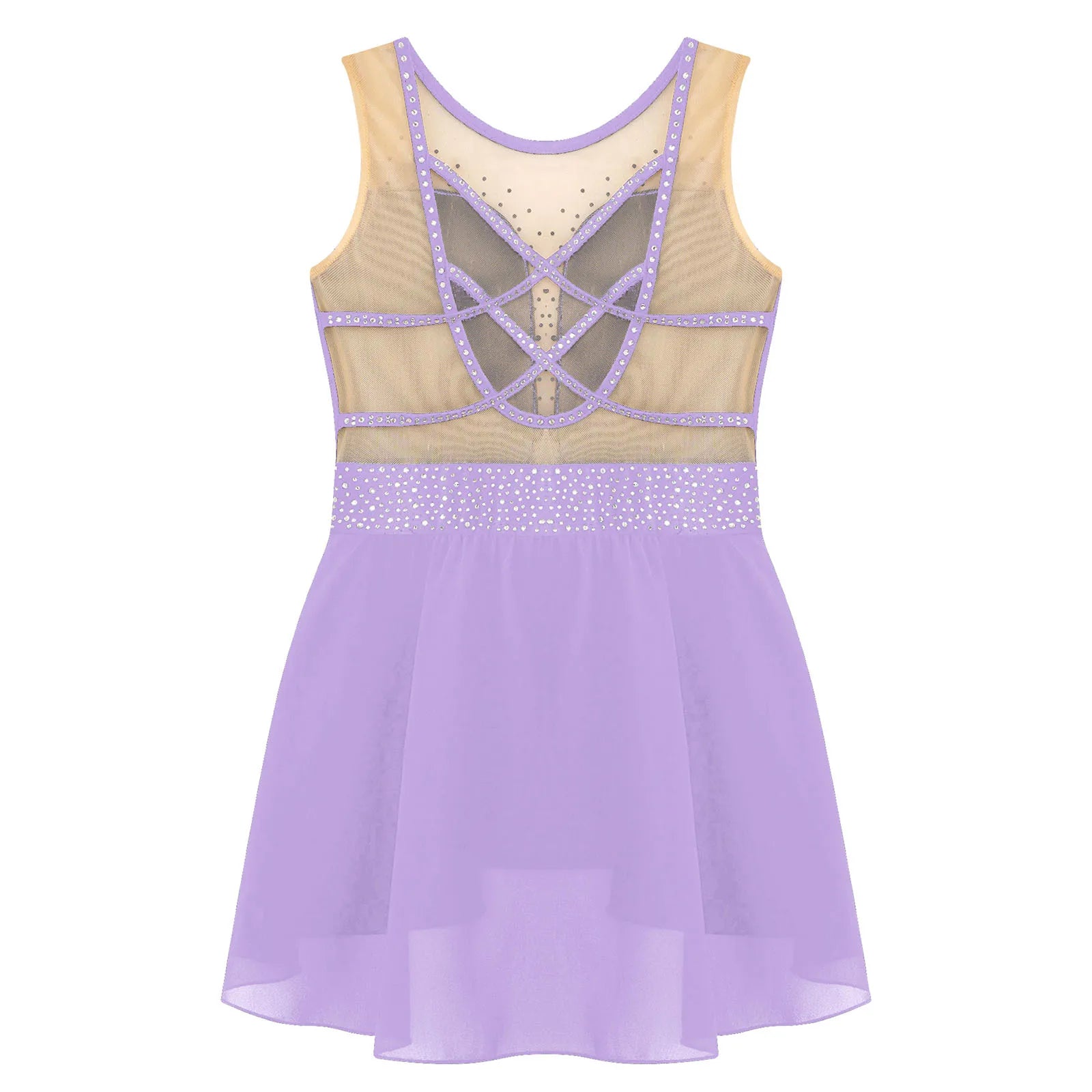 Rhinestone Gymnastics Figure Skating Dress for Teen Girls Sleeveless Sheer Mesh Tutu Ballet Leotard Lyrical Performance Costume