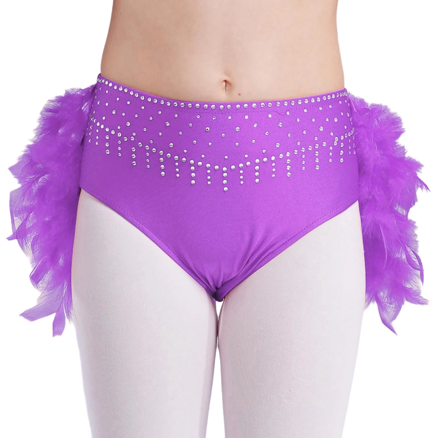 Girls Gymnastics Dance Performance Costume Rhinestone Crop Top With Feather Shorts Set (Age 6-16YRS)