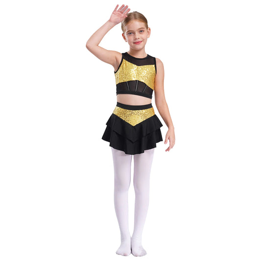 Girls Sequin Sheer Mesh Crop Top & Tiered Skirt Set (Age 6-16YRS)