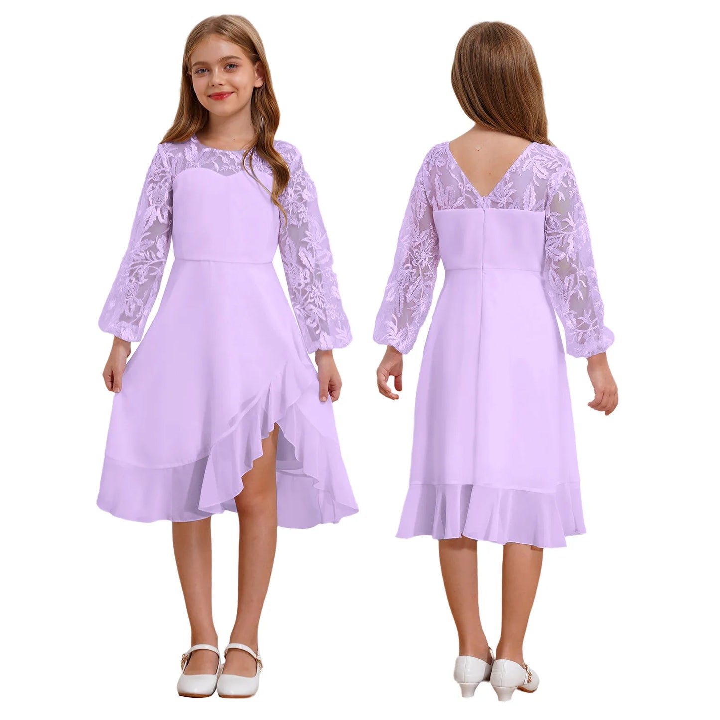 Girls Chiffon Long Sleeve High Waist Mesh Embroidery Dress (Age 8-16 YRS) Lavender