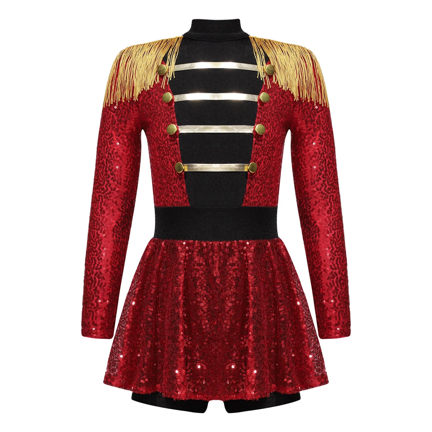 Girls Halloween Circus Ringmaster Costume Long Sleeve Sequin Leotard Dress (Age 6-14YRS) Red D