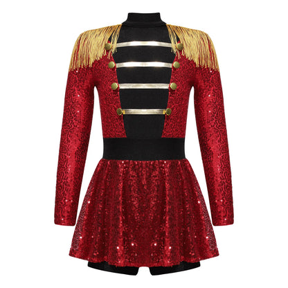 Girls Halloween Circus Ringmaster Costume Long Sleeve Sequin Leotard Dress (Age 6-14YRS) Red D