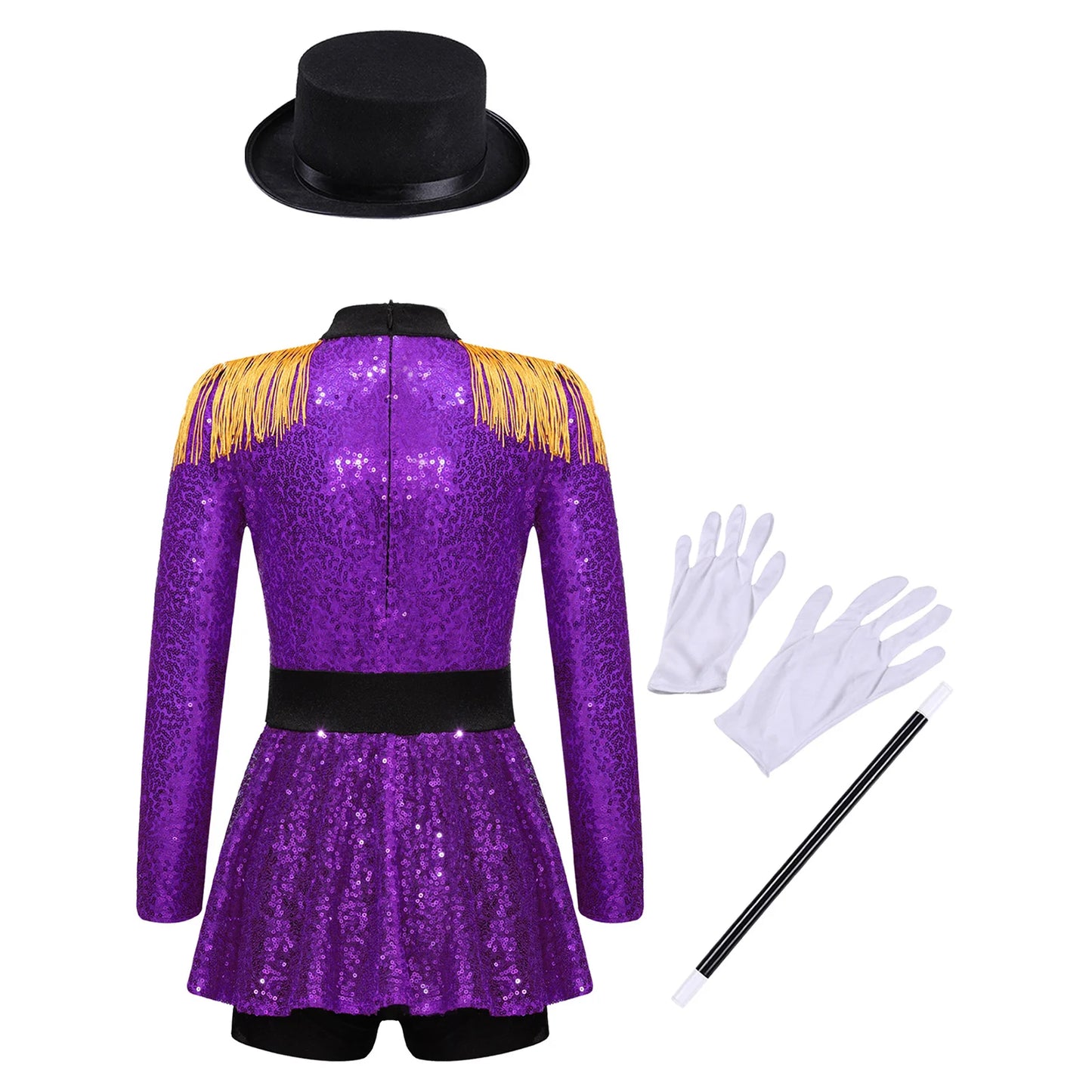 Girls Halloween Circus Ringmaster Costume Long Sleeve Sequin Leotard Dress (Age 6-14YRS)