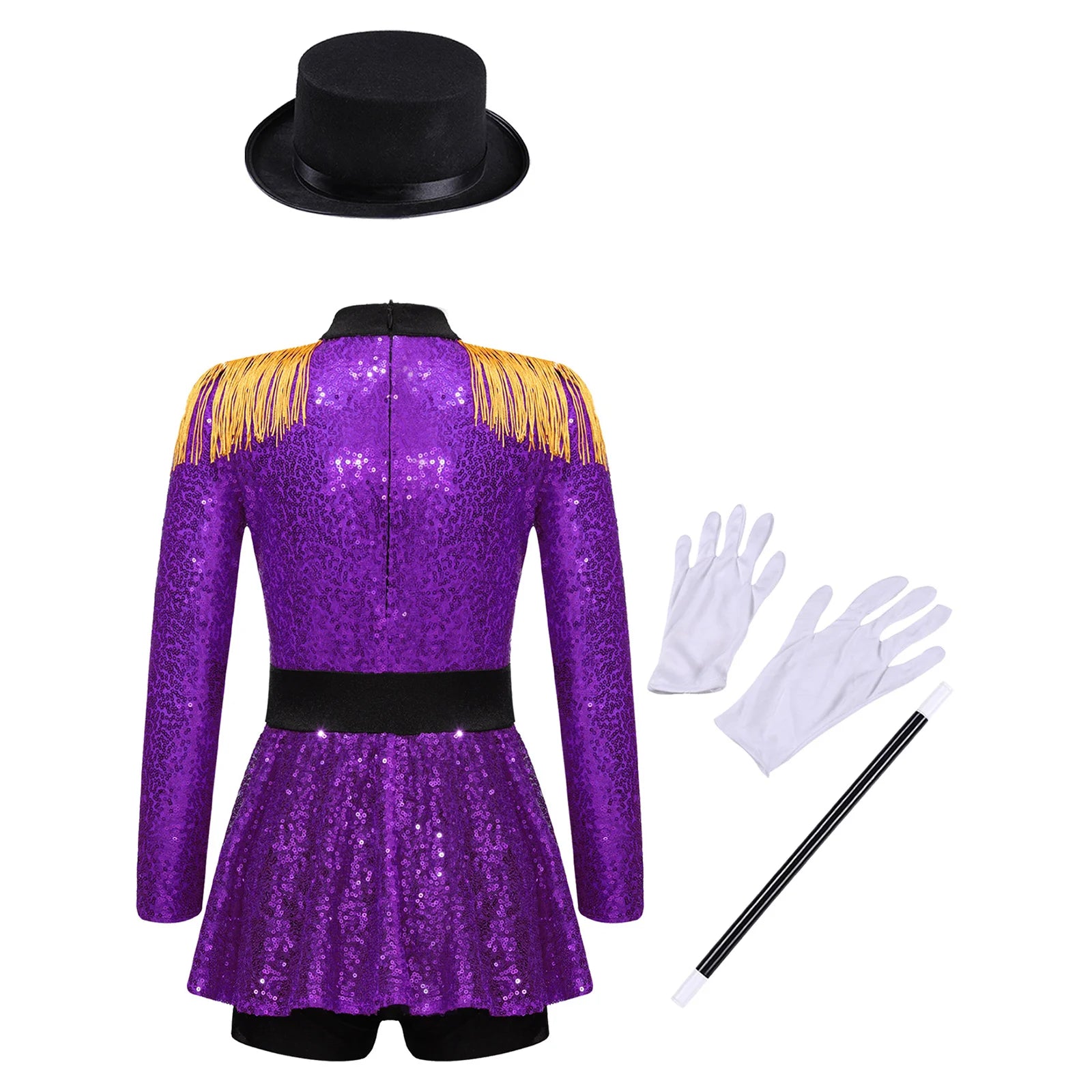 Girls Halloween Circus Ringmaster Costume Long Sleeve Sequin Leotard Dress (Age 6-14YRS)