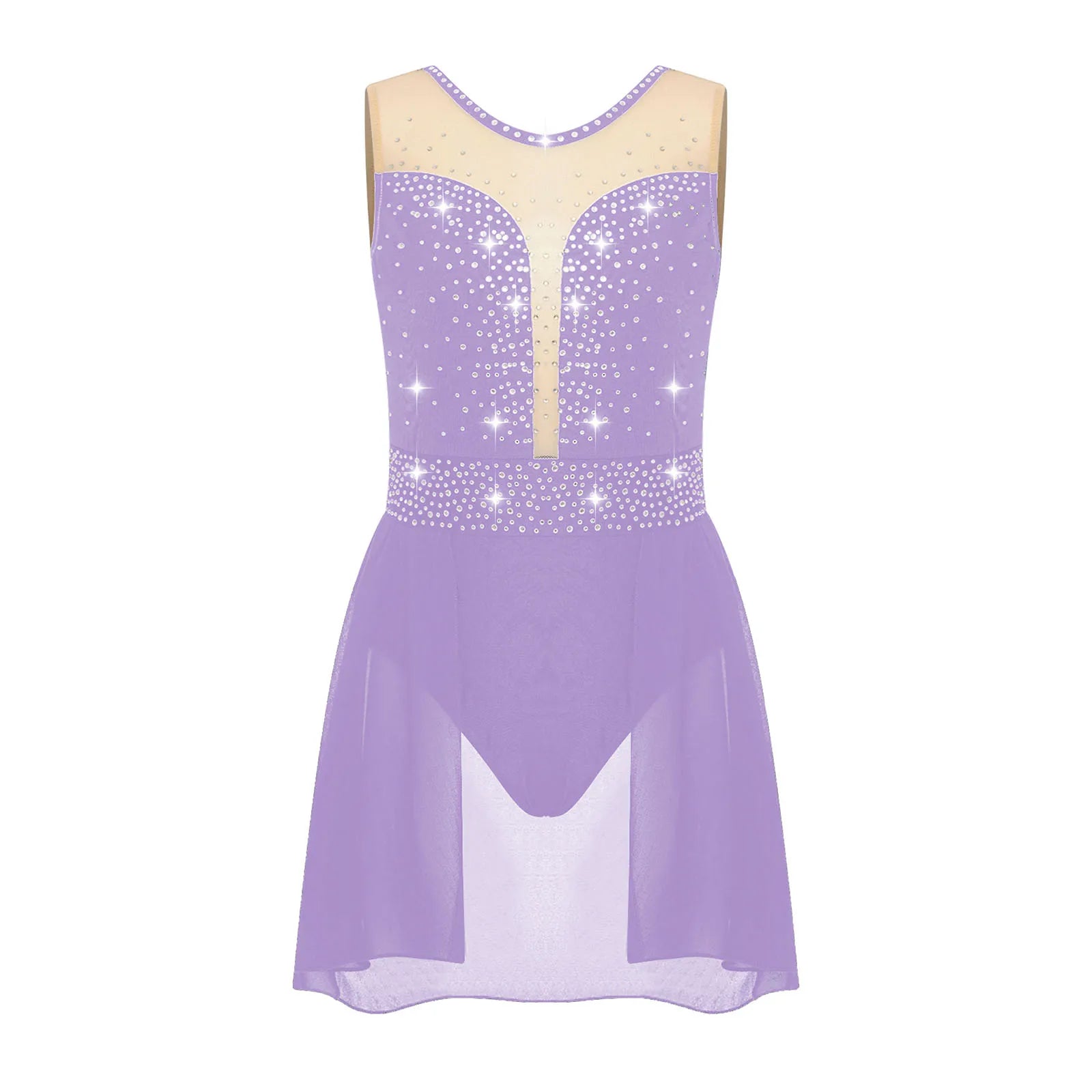 Rhinestone Gymnastics Figure Skating Dress for Teen Girls Sleeveless Sheer Mesh Tutu Ballet Leotard Lyrical Performance Costume