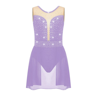 Rhinestone Gymnastics Figure Skating Dress for Teen Girls Sleeveless Sheer Mesh Tutu Ballet Leotard Lyrical Performance Costume