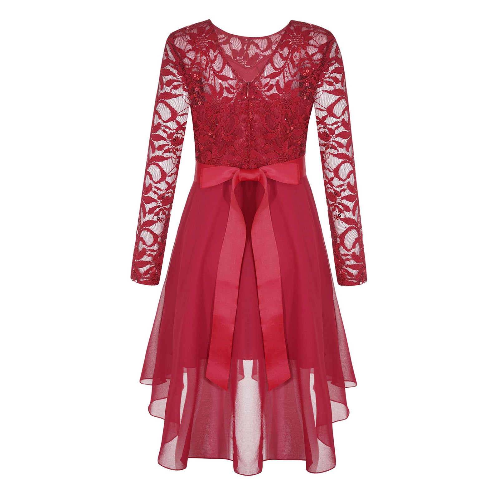 Girls Lace Chiffon Long Sleeve High-Rhinestone Sash Dress (Age 6-16 YRS)