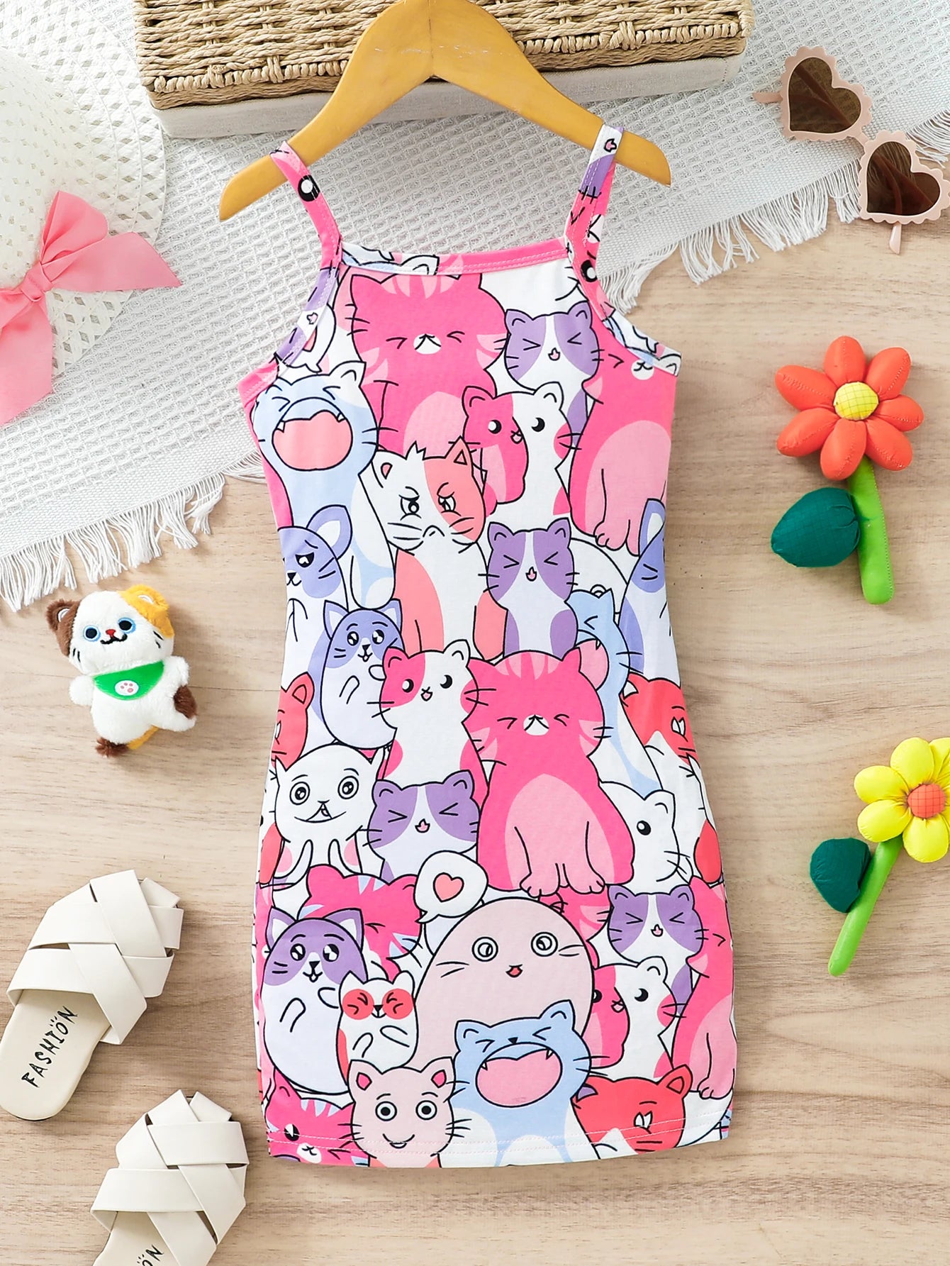 Girls Cat Print Dress (Age 3-7 YRS) Pink