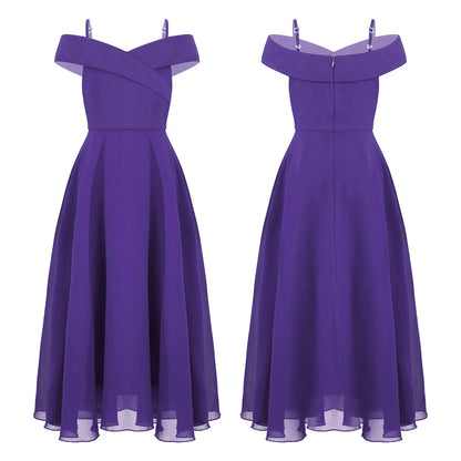 Girls Chiffon Off-the-Shoulder Adjustable A-Line Dress (Age 4-16 YRS) Purple