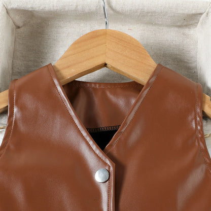 Toddler Girls Faux Leather Sleeveless Vest Top & Pleated Skirt Set (24M-6YRS)