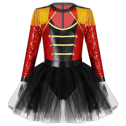 Girls Circus Ringmaster Magician Sequin Leotard Tutu Dress Costume (Age 6-16 YRS) Red