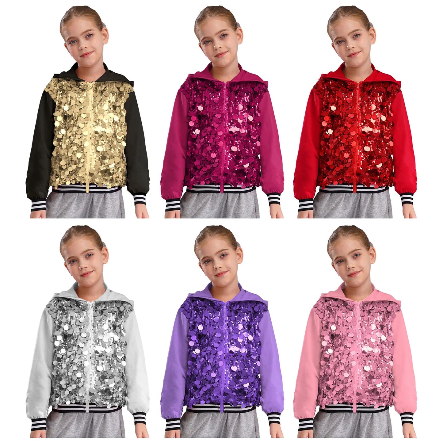 Girls Metallic Shiny Sequins Hooded Jacket (Age 6-16 YRS)