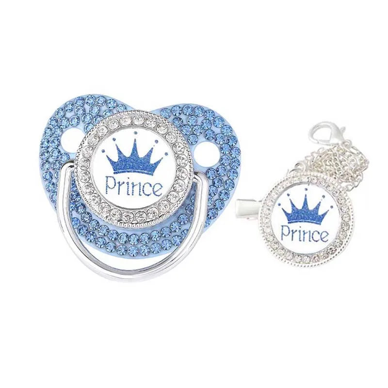 Baby Blue Zircon Rhinestone Luxury Pacifier Dummy Clip Blue silver