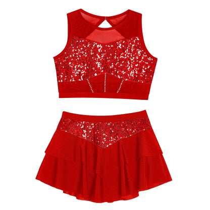 Girls Sequin Sheer Mesh Crop Top & Tiered Skirt Set (Age 6-16YRS)