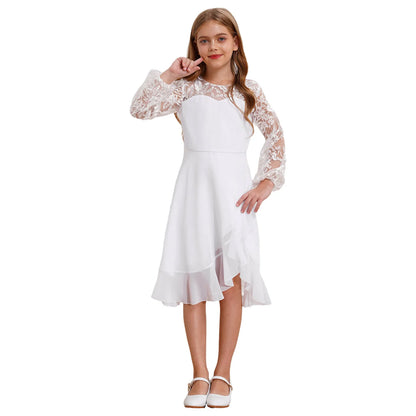 Girls Chiffon Long Sleeve High Waist Mesh Embroidery Dress (Age 8-16 YRS)