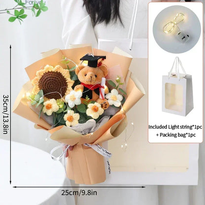 Plush Graduation Bear Crochet Artificial Flower Stuffed Orange
