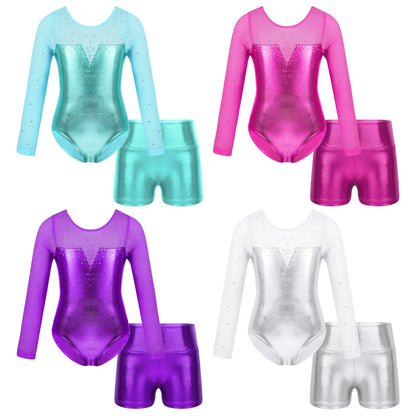 Girls Sparkly Rhinestone Ballet Dance Gymnastics Leotard & Shorts (Age 4-12 YRS)