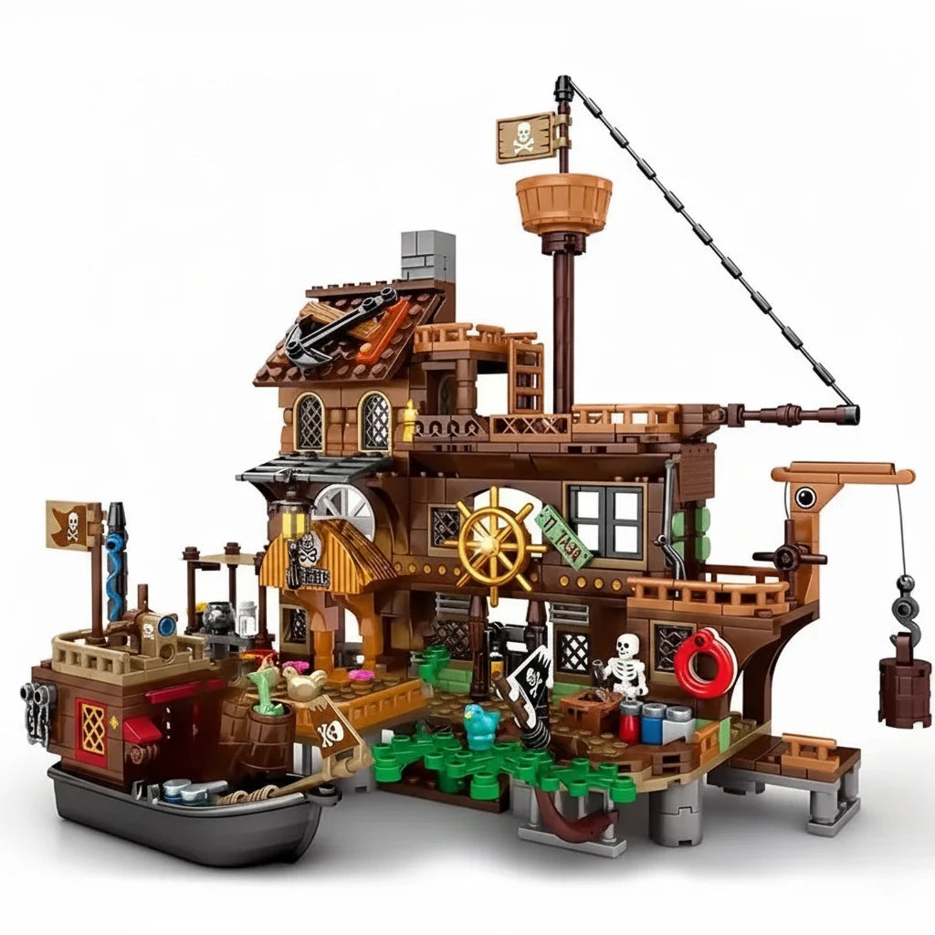 RiceBlock Island Storm Pirate Wharf Building Brick Set | Fortress, Ship & Adventure Scene